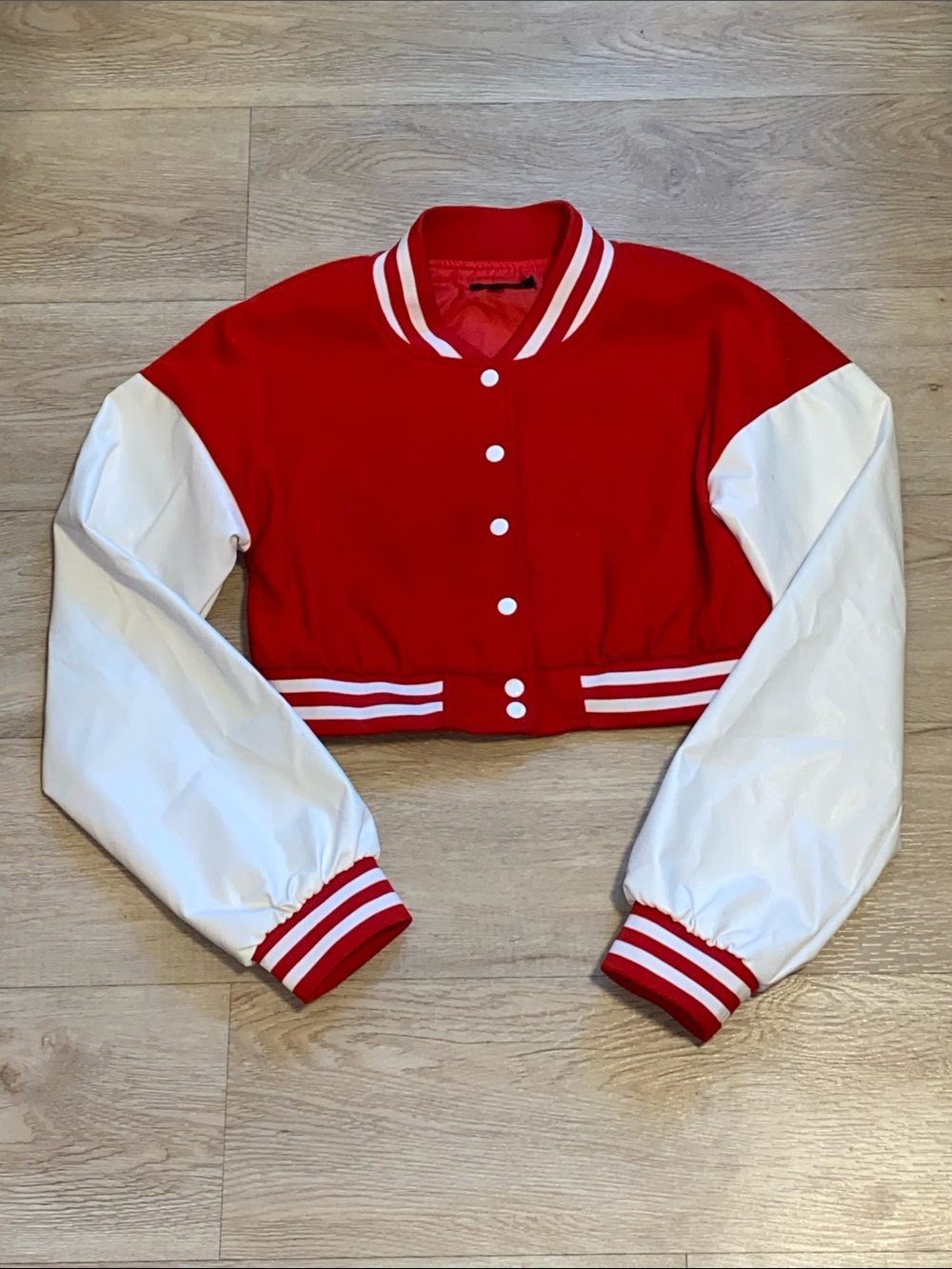 36 Point 5 Red and White Cropped Varsity Jacket